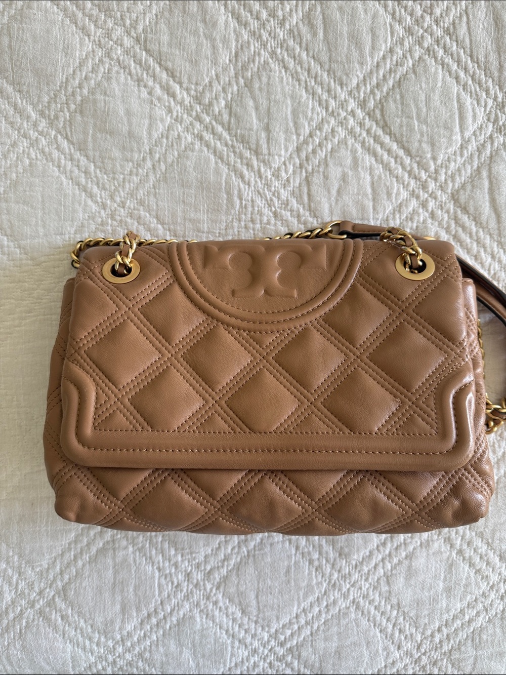 Tory Burch Fleming Soft Leather Convertible Shoulder Bag Warm Tan Gold Chain - Picture 9 of 17